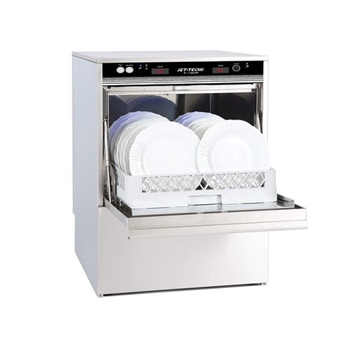 Jet-Tech F-18DP high-temp undercounter dishwasher, front view showing stainless steel construction and control panel