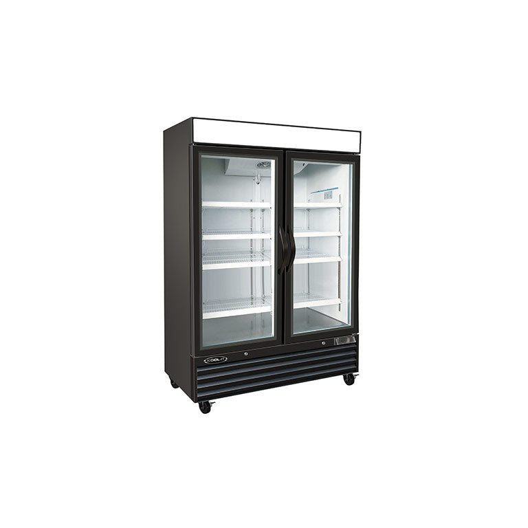 Kool-It KGF-48 two-section glass door merchandiser freezer, black exterior, front angled view showing triple-pane glass doors and digital temperature display