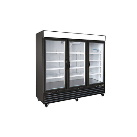 Kool-It KGF-72DV three-section glass door merchandiser freezer, black exterior, front angled view showing triple-pane glass doors and digital temperature display