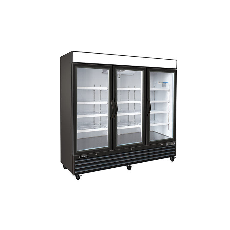 Kool-It KGF-72DV three-section glass door merchandiser freezer, black exterior, front angled view showing triple-pane glass doors and digital temperature display
