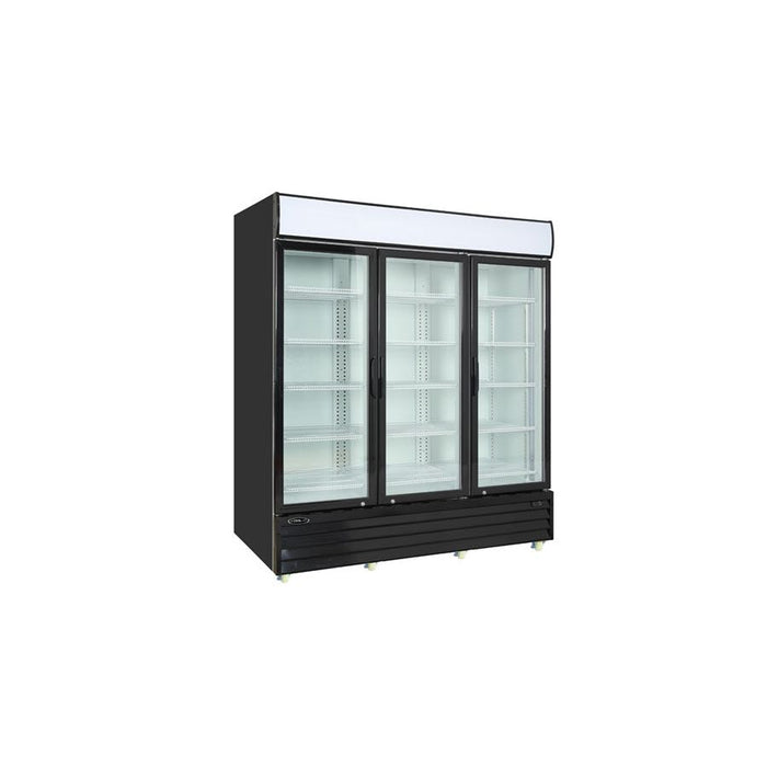 Kool-It KGM-75 78-inch 3-door glass merchandiser refrigerator, black cabinet with LED-lit interior