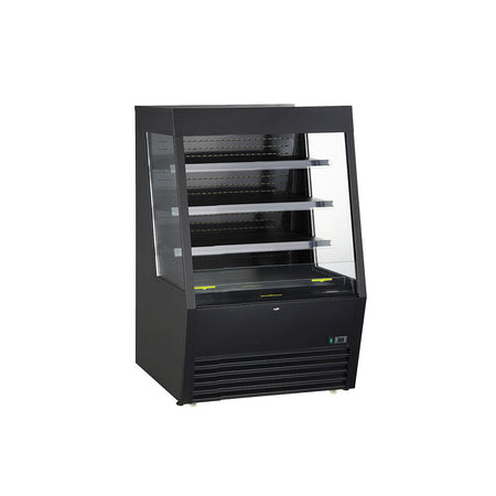 Kool-It KOM-48XBK black open air merchandiser, front angled view showing tempered glass, adjustable shelves, and digital temperature display