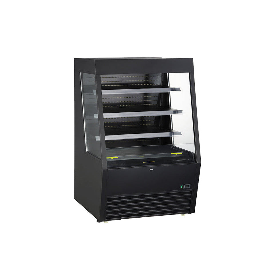 Kool-It KOM-48XBK black open air merchandiser, front angled view showing tempered glass, adjustable shelves, and digital temperature display