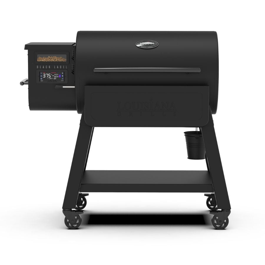 Louisiana Grills 1000 Black Label Pellet Grill front view with WiFi control, sleek black design, and digital temperature display.