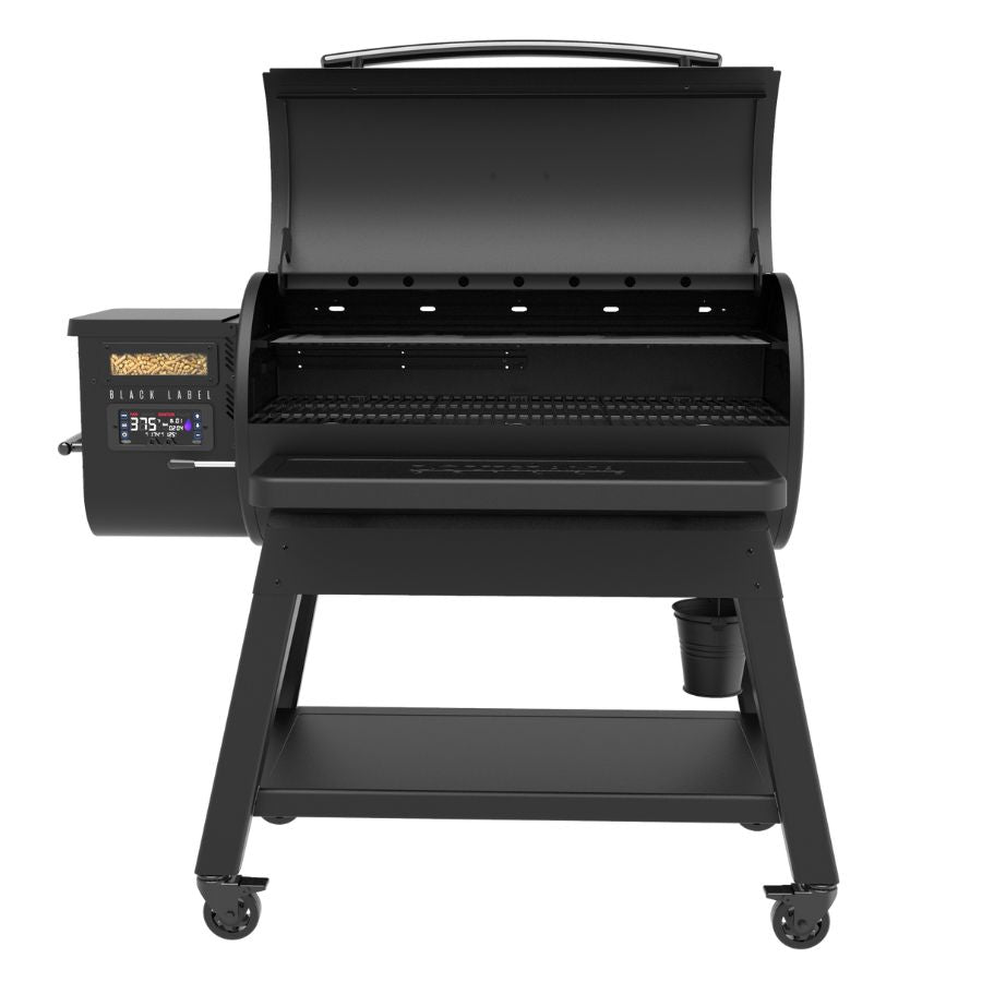 Louisiana Grills 1200 Black Label Series Grill with WiFi Control, open lid front view, showcasing spacious cooking grates and digital control panel.