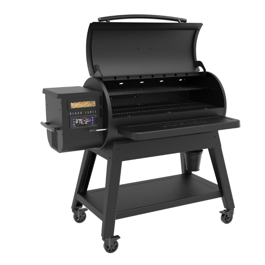 Louisiana Grills 1200 Black Label Pellet Grill with open lid, showing spacious cooking grates and interior design.