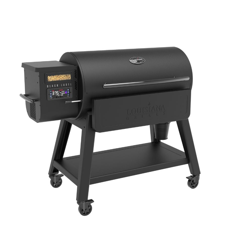 Side view of Louisiana Grills 1200 Black Label Series Grill, showcasing hopper capacity, digital control, and sturdy caster wheels.