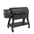 Side view of Louisiana Grills 1200 Black Label Series Grill, showcasing hopper capacity, digital control, and sturdy caster wheels.