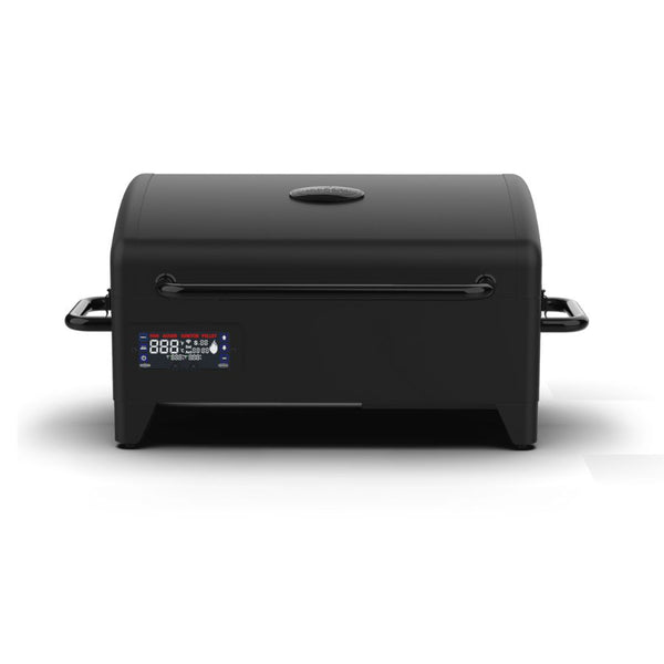 Front view of the Louisiana Grills 300 Black Label Portable Wood Pellet Grill showcasing its sleek black design and digital control panel for precise temperature control.