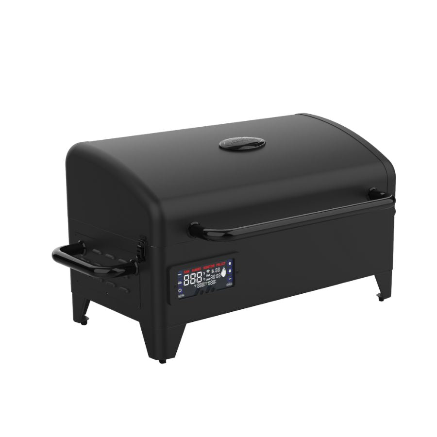 Side-angle view of the Louisiana Grills 300 Black Label Portable Wood Pellet Grill highlighting its sturdy construction, handle, and digital interface for easy operation.