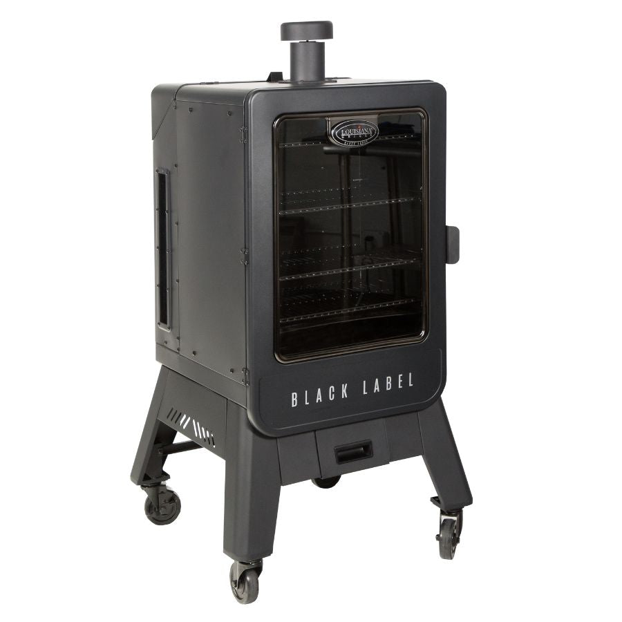 Angled view of the Louisiana Grills 4-Series Vertical Pellet Smoker, showcasing its sturdy legs, wheels, and vertical smoking chamber.