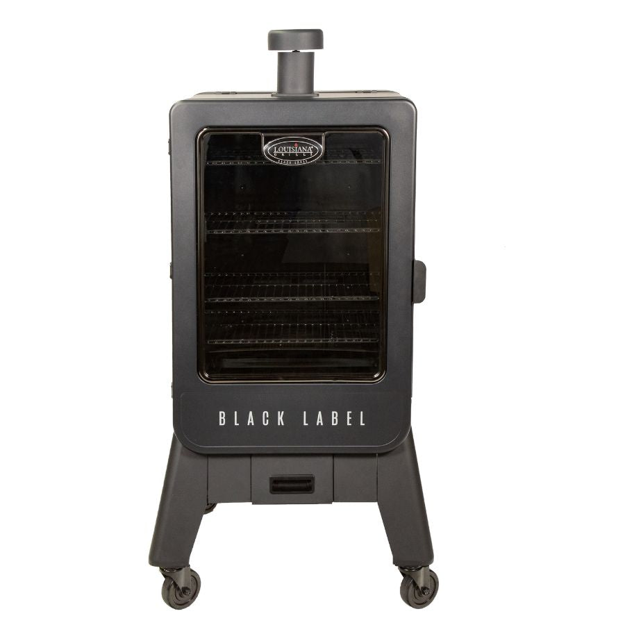 Front view of the Louisiana Grills 4-Series Vertical Pellet Smoker, featuring a sleek black design with a glass door and multiple racks for smoking.
