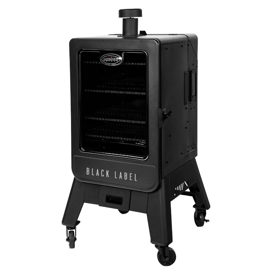 Side-angle shot of the Louisiana Grills 4-Series Vertical Pellet Smoker, displaying its durable steel construction and ventilation system.