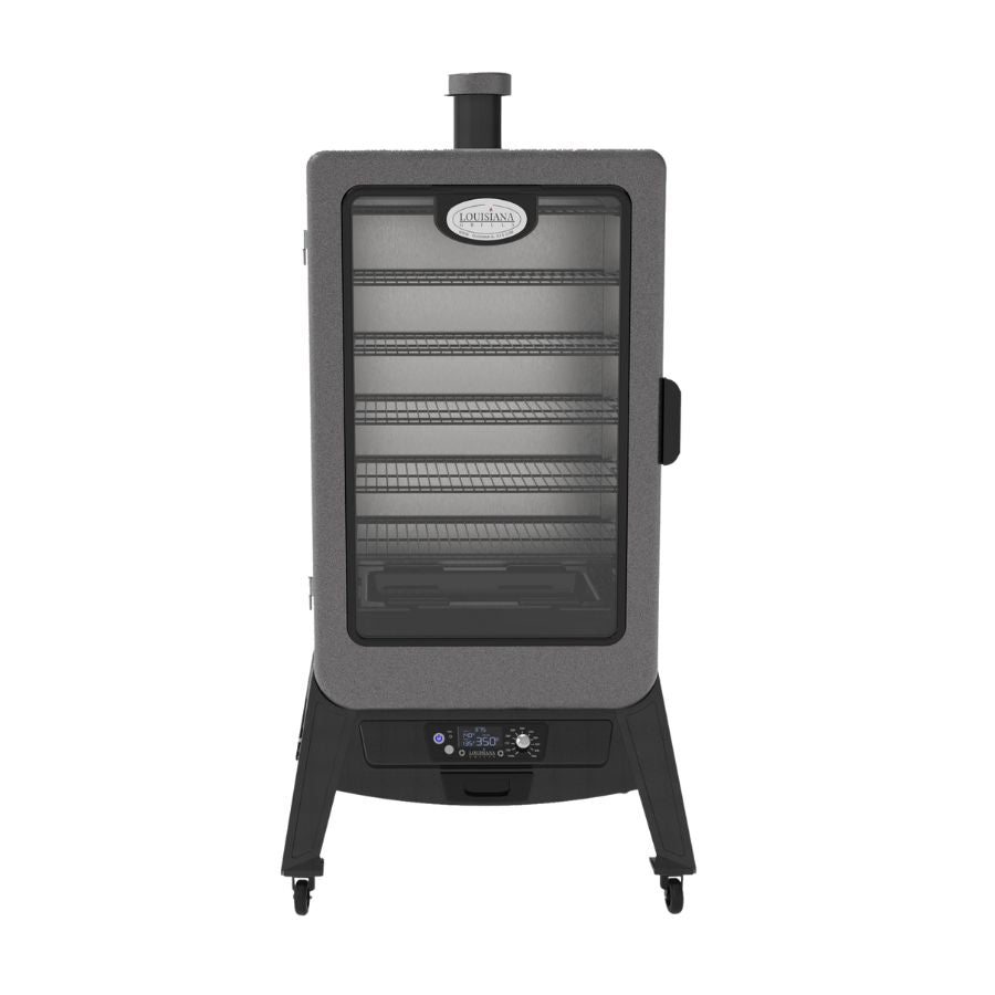 Front view of the Louisiana Grills 7-Series Wood Pellet Vertical Smoker, featuring a glass door, digital control panel, and multiple stainless steel racks for smoking meats and vegetables.