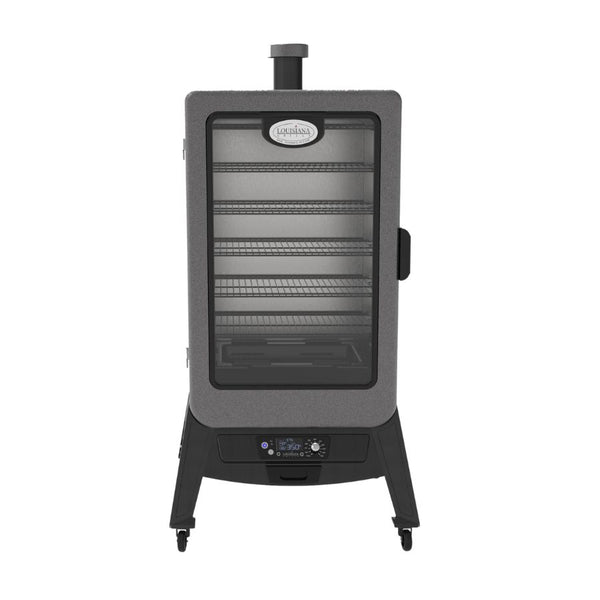 Front view of the Louisiana Grills 7-Series Wood Pellet Vertical Smoker, featuring a glass door, digital control panel, and multiple stainless steel racks for smoking meats and vegetables.