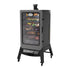Side view of the Louisiana Grills 7-Series Wood Pellet Vertical Smoker, fully loaded with smoked meats, vegetables, and BBQ dishes, showcasing its large cooking capacity and multiple racks.