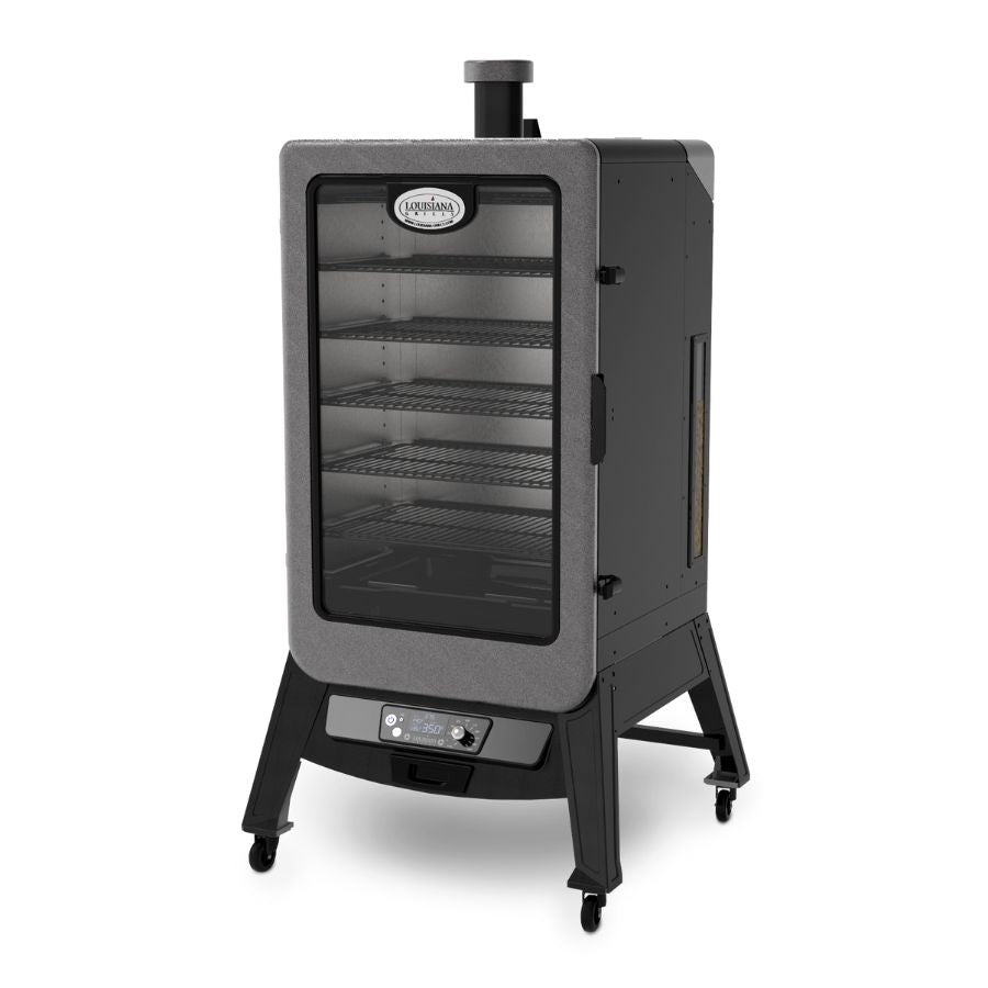 Side angle of the Louisiana Grills 7-Series Wood Pellet Vertical Smoker with an empty interior, displaying multiple stainless steel racks, an adjustable smoke vent, and a digital control panel.