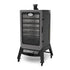 Side angle of the Louisiana Grills 7-Series Wood Pellet Vertical Smoker with an empty interior, displaying multiple stainless steel racks, an adjustable smoke vent, and a digital control panel.