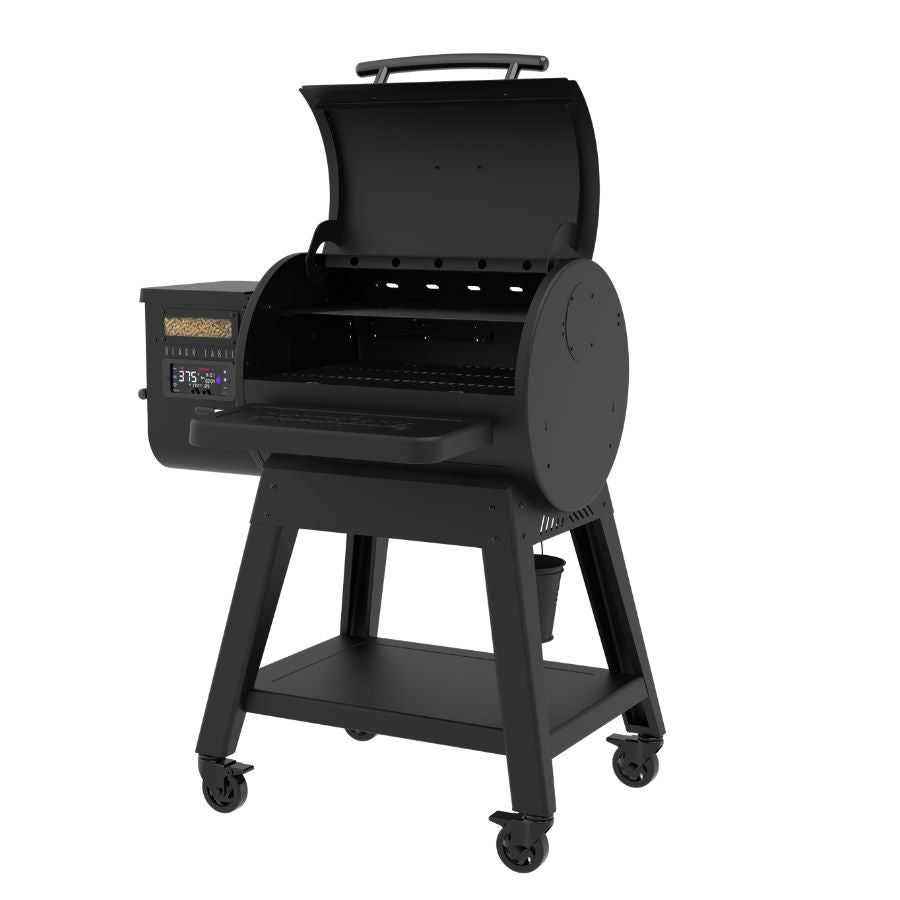 Louisiana Grills 800 Black Label pellet grill with an open lid, displaying its grilling surface and heat distribution features.