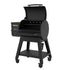 Louisiana Grills 800 Black Label pellet grill with an open lid, displaying its grilling surface and heat distribution features.