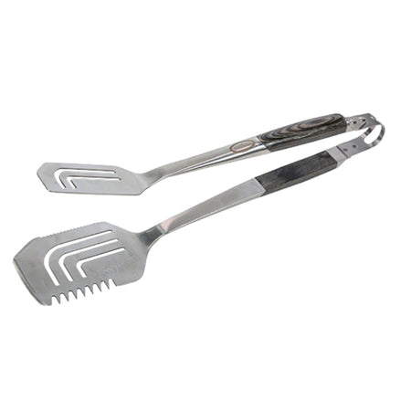 Louisiana Grills All-in-One Tool, featuring a spatula, tongs, and cleaver in one stainless steel utensil with a wood-grain handle