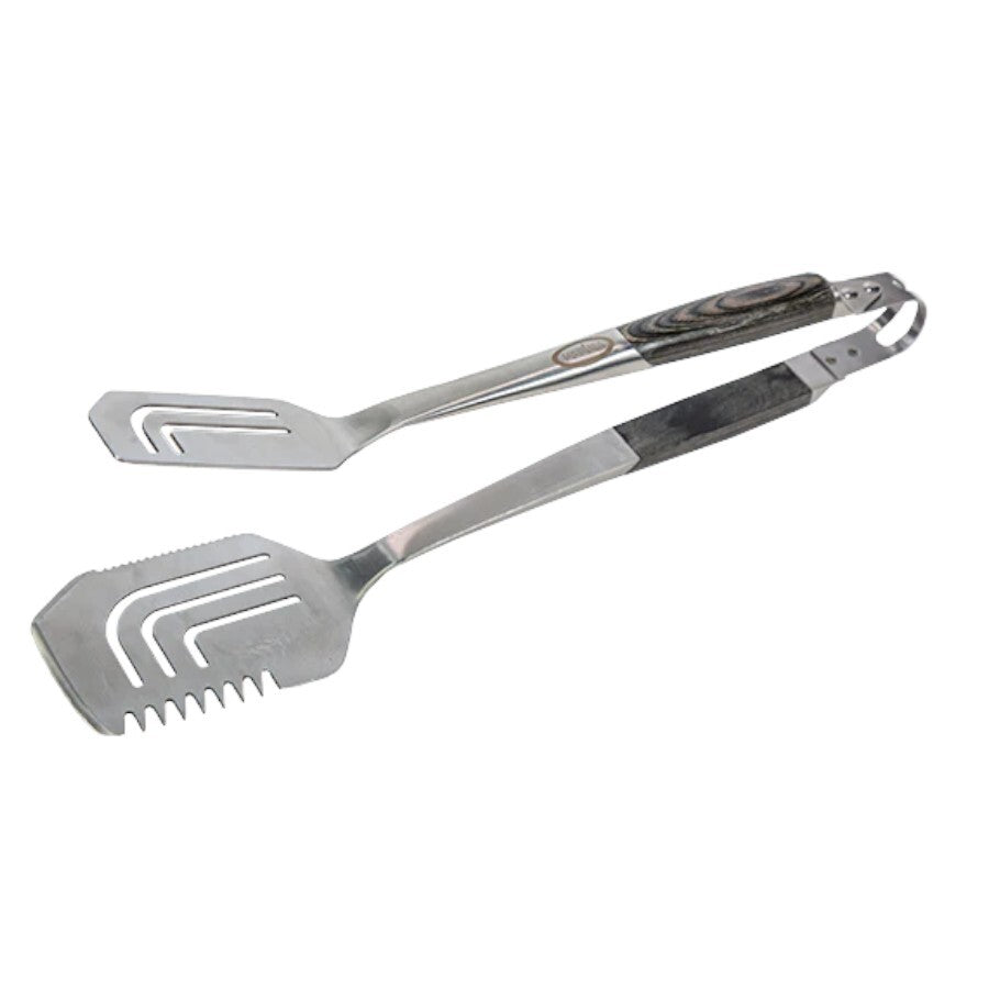Louisiana Grills All-in-One Tool, featuring a spatula, tongs, and cleaver in one stainless steel utensil with a wood-grain handle