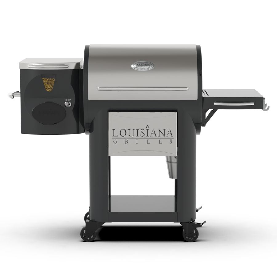 Louisiana Grills Founders Legacy 800 Outdoor Pellet Grill - Front View, featuring stainless steel lid, sturdy cart, and digital control panel.