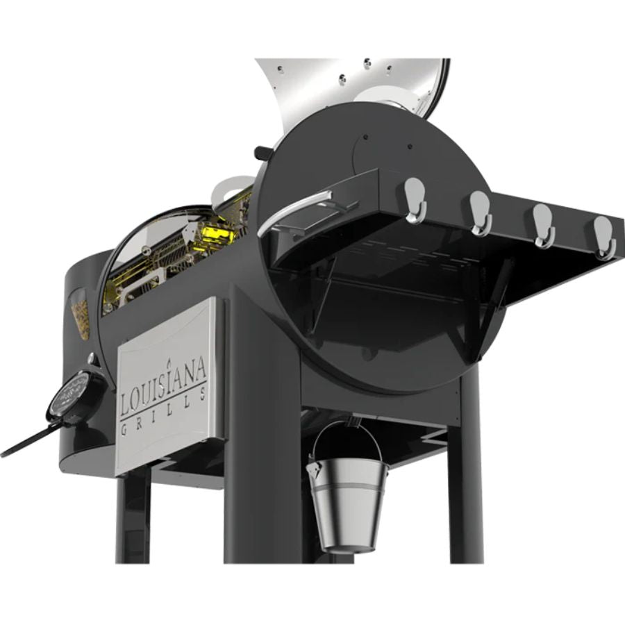 Close-up of Louisiana Founders Legacy 800 Pellet Grill, featuring tool hooks, foldable shelf, and grease bucket for easy cleanup.