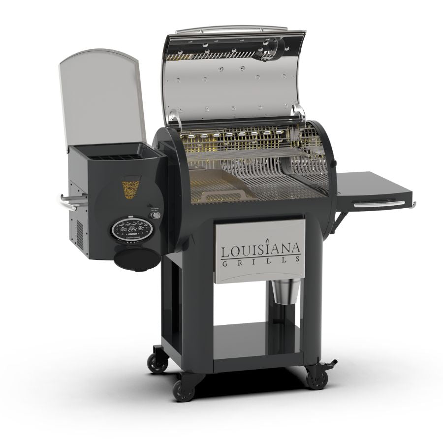 Louisiana Founders Legacy 800 Pellet Grill with side view and open lid, displaying dual-tier cooking racks and high-temperature searing zone.