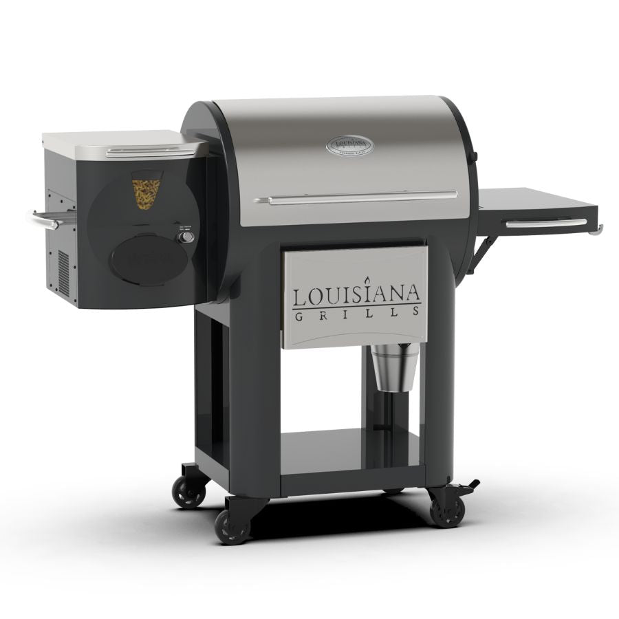 Side view of Louisiana Grills Founders Legacy 800 Outdoor Pellet Grill with heavy-duty construction, foldable side shelf, and pellet hopper.