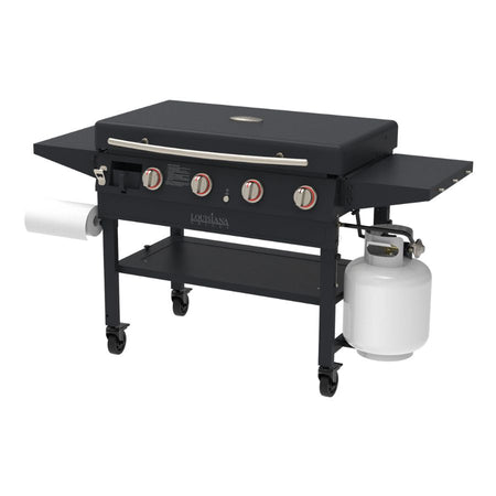 Louisiana Grills Founders Series 4-Burner Gas Griddle with stainless steel knobs, side shelves, and propane tank attachment, ideal for outdoor cooking and grilling.