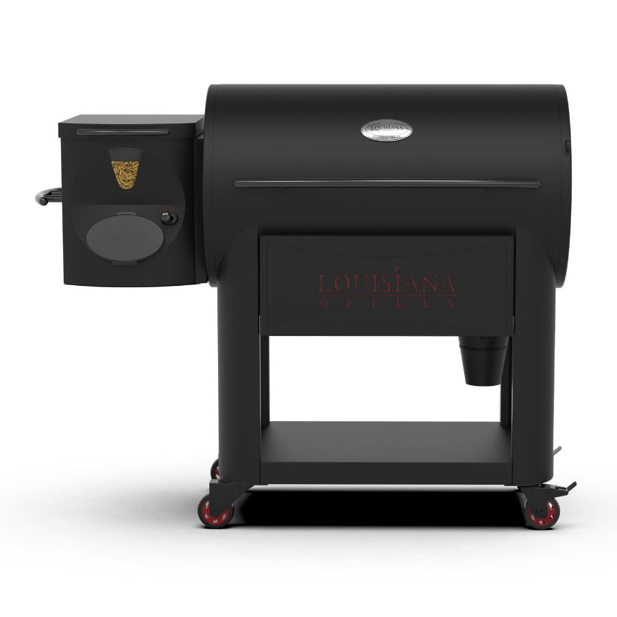 Front view of the Louisiana Grills Founders Series Premier 1200 Pellet Grill with a closed lid, highlighting its sturdy construction and compact design.