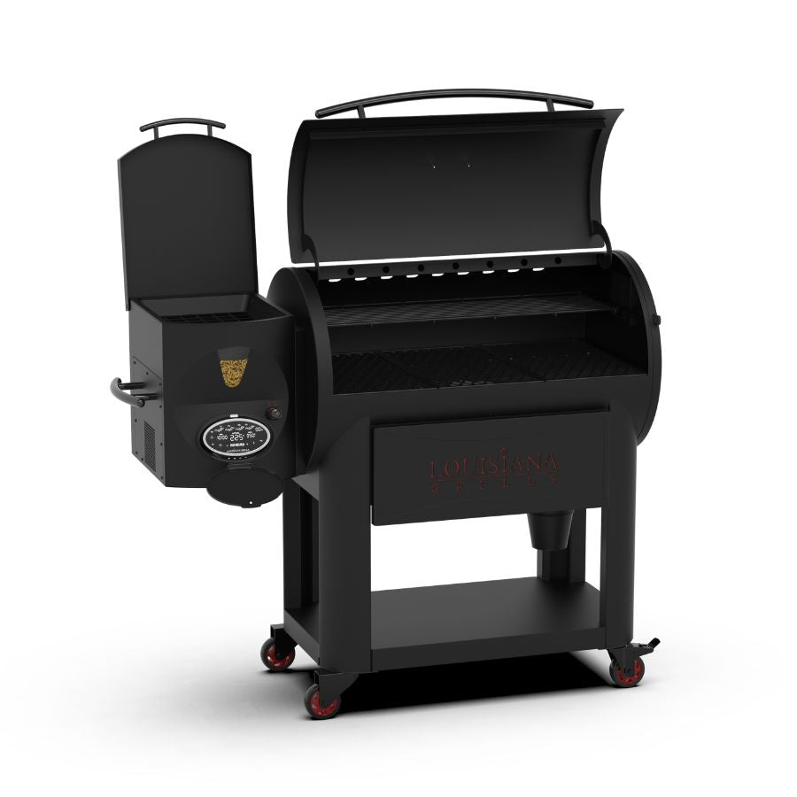Louisiana Grills Founders Series Premier 1200 Pellet Grill with the lid open, displaying the spacious cooking grates and pellet hopper system.
