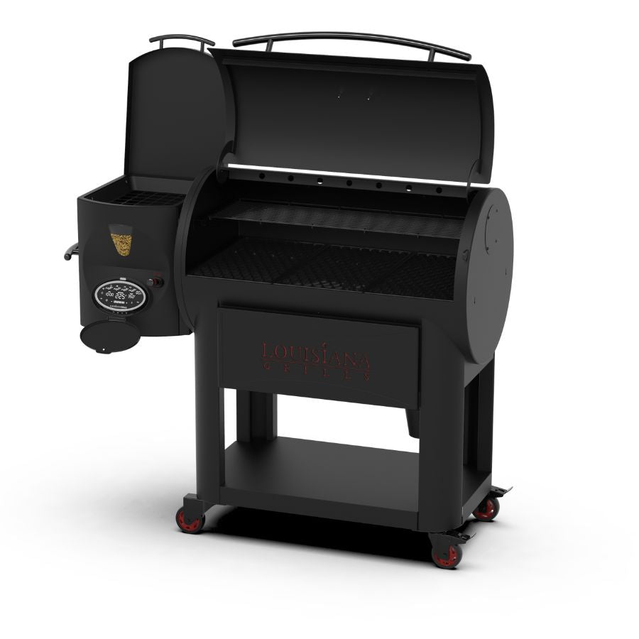 Side view of the Louisiana Grills Founders Series Premier 1200 Pellet Grill with the lid open, showcasing the digital control panel and pellet hopper.