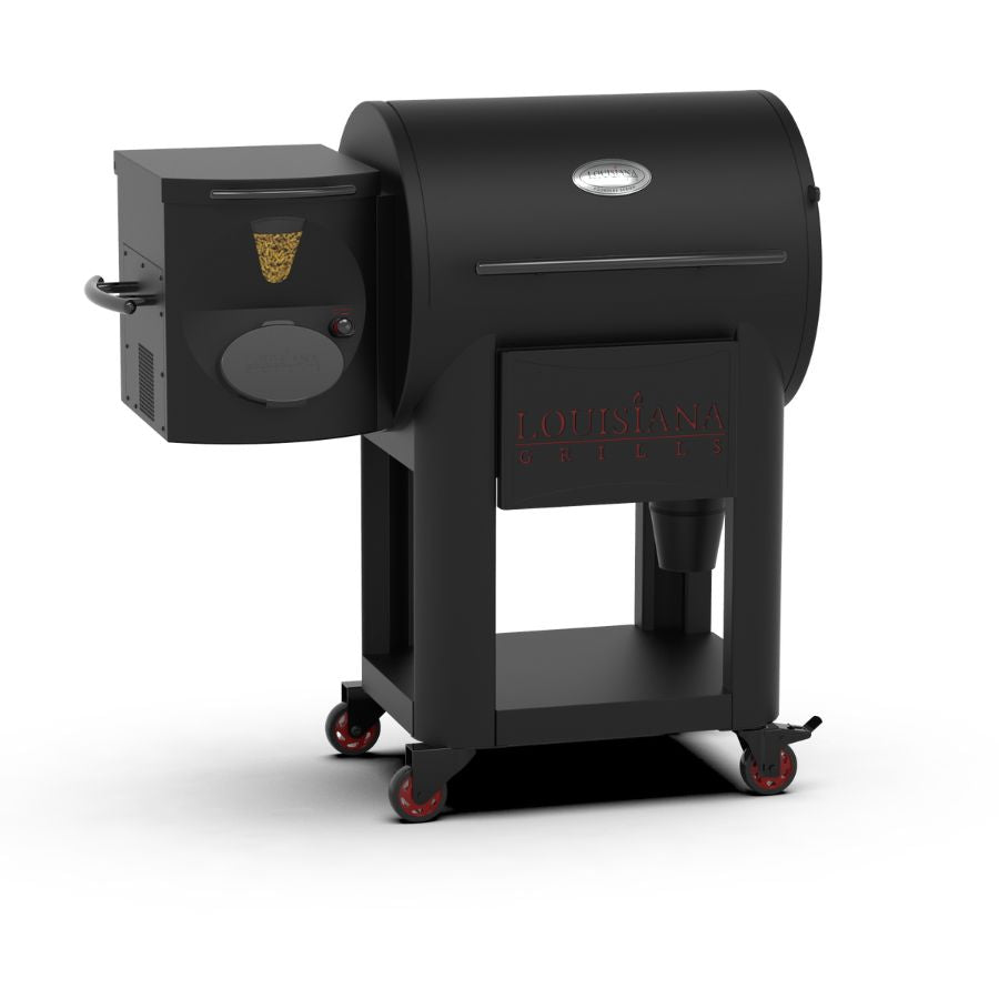 Side-angle view of the Louisiana Grills Founders Series Premier 800 Pellet Grill, highlighting the pellet hopper and durable frame.