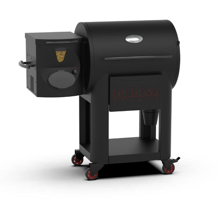 Side-angle view of the Louisiana Grills Founders Series Premier 800 Pellet Grill, highlighting the pellet hopper and durable frame.