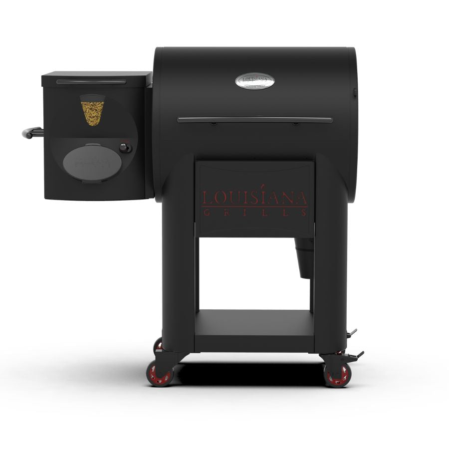 Front view of the Louisiana Grills Founders Series Premier 800 Pellet Grill, featuring a sleek black design and sturdy construction.
