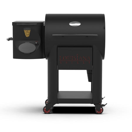 Front view of the Louisiana Grills Founders Series Premier 800 Pellet Grill, featuring a sleek black design and sturdy construction.