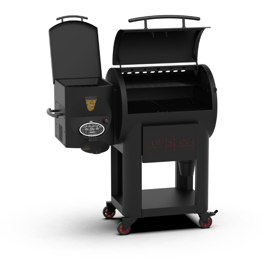 Louisiana Grills Founders Series Premier 800 Pellet Grill with the lid open, showcasing the spacious cooking grates and interior design.