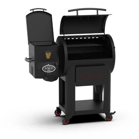 Louisiana Grills Founders Series Premier 800 Pellet Grill with the lid open, showcasing the spacious cooking grates and interior design.