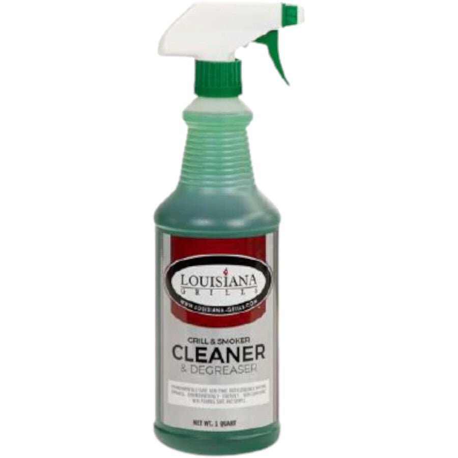 A green bottle of Louisiana Grills Grill & Smoker Cleaner & Degreaser with a white and green spray nozzle