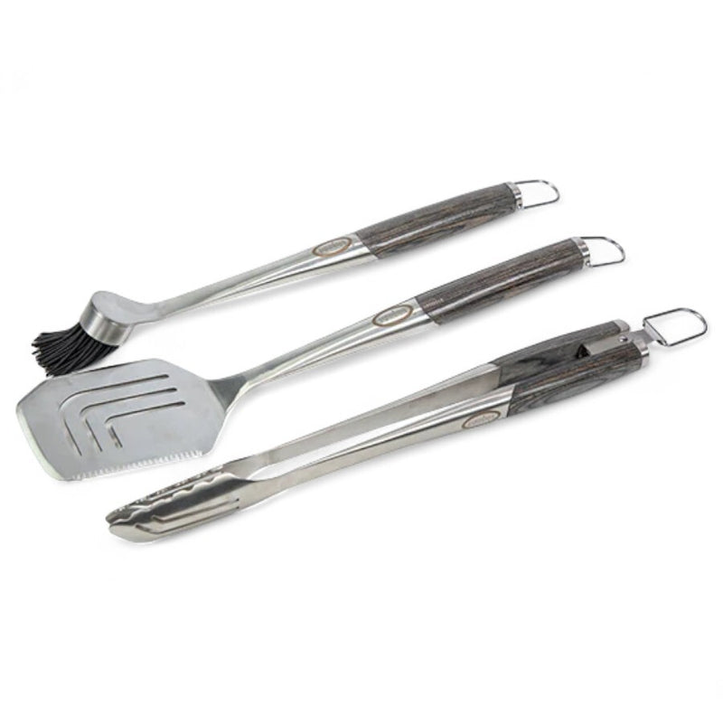 Stainless steel grilling tools with textured dark wood grips by Louisiana Grills