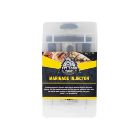 Pit Boss Marinade Injector in its packaging, showing the injector with two needles