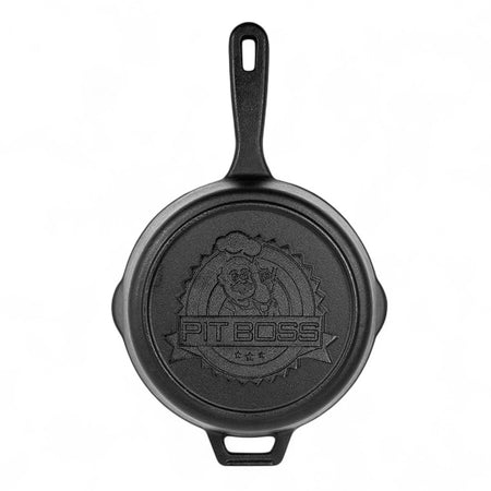 Angled view of the Pit Boss 10-inch Cast Iron Skillet, highlighting its handle and pour spouts