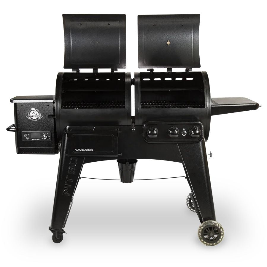 Pit Boss 1230G Navigator Series Pellet and Gas Combo Grill – front view with lids open showing grates
