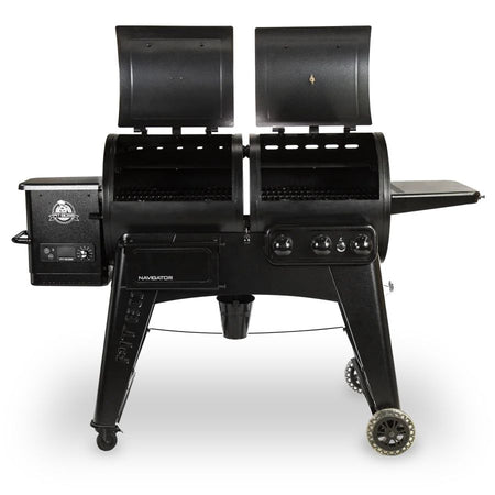 Pit Boss 1230G Navigator Series Pellet and Gas Combo Grill – front view with lids open showing grates