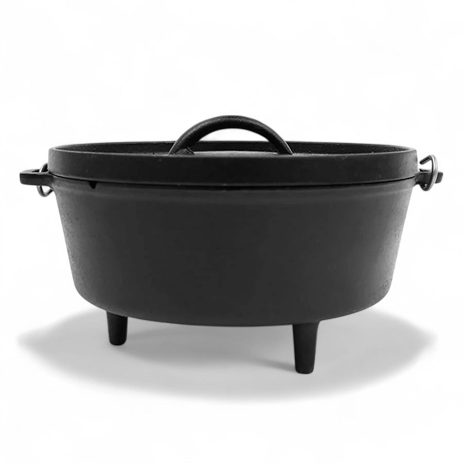 Pit Boss 12-inch Cast Iron Dutch Oven with its lid, angled view showing the sturdy handle.