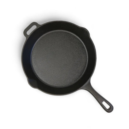 Side view of the Pit Boss 12-inch Cast Iron Skillet, highlighting its depth and side helper handle