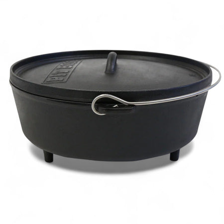 Pit Boss 14-inch Cast Iron Dutch Oven with callouts highlighting its features like the lid and handle