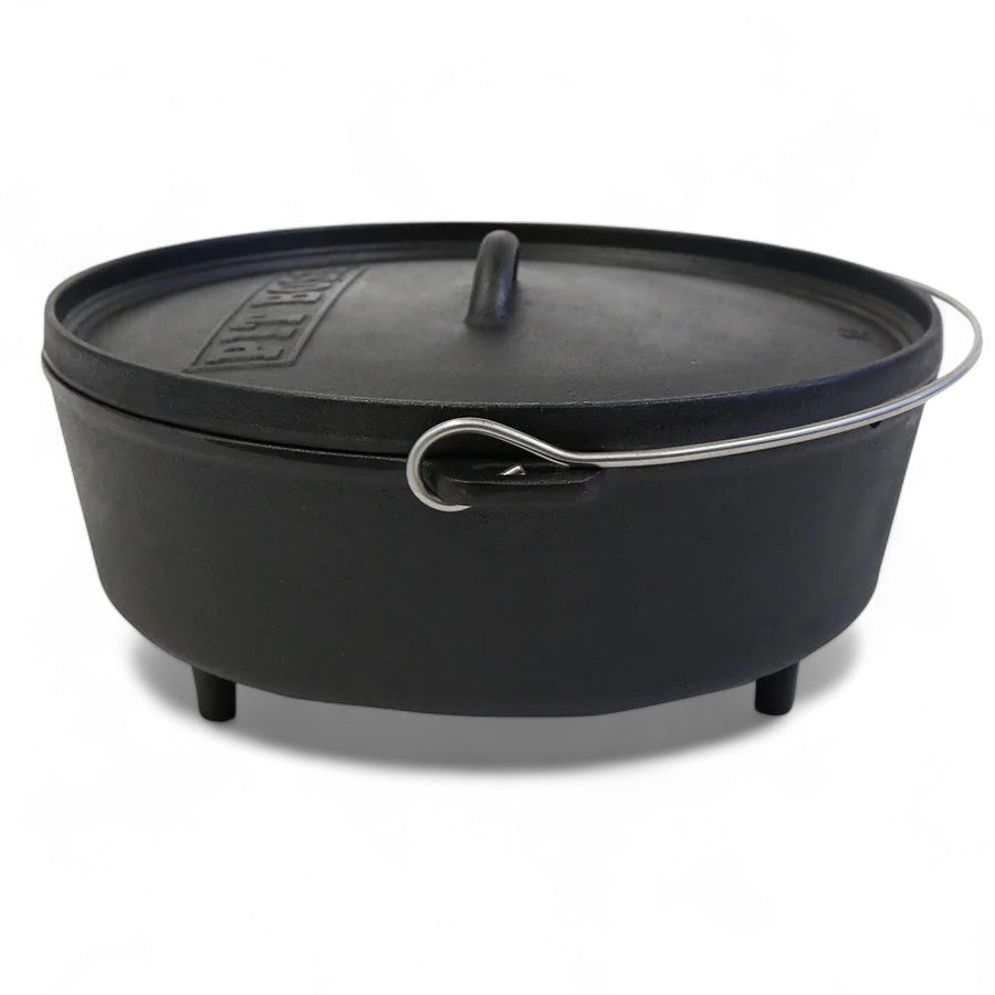 Pit Boss 14-inch Cast Iron Dutch Oven with callouts highlighting its features like the lid and handle